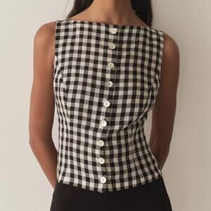 Doen Hayden Linen Button Boatneck Sleeveless Top Black Marilyn Gingham White